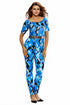 Bluish Geometric Print Belted Off Shoulder Jumpsuit